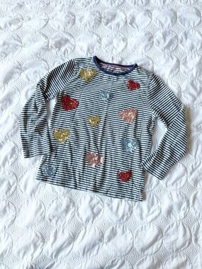 Mini Boden Long Sleeve Striped T-Shirt Sequin Hearts Girls 9-10y School Play Fun